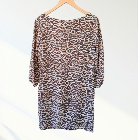 AMOUR VERT Silk Leopard Print Shift Mini Dress Size Small Tan Brown 3/4 Sleeve - Picture 7 of 8